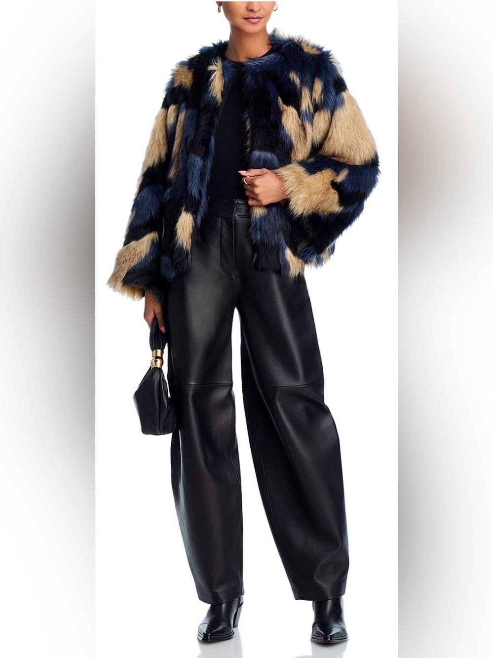 FARM Rio Navy Blue and Tan Faux Fur Coat - Picture 2 of 7